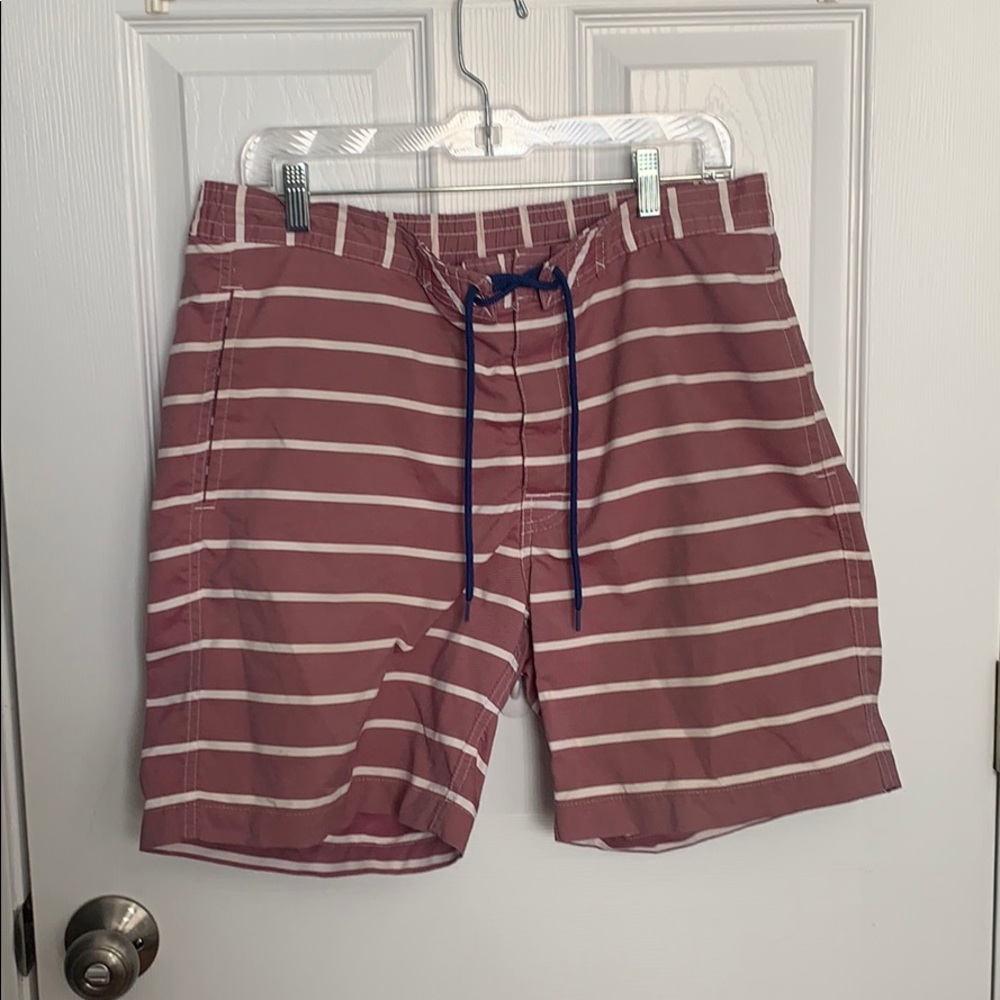 Red and white striped swim trunks